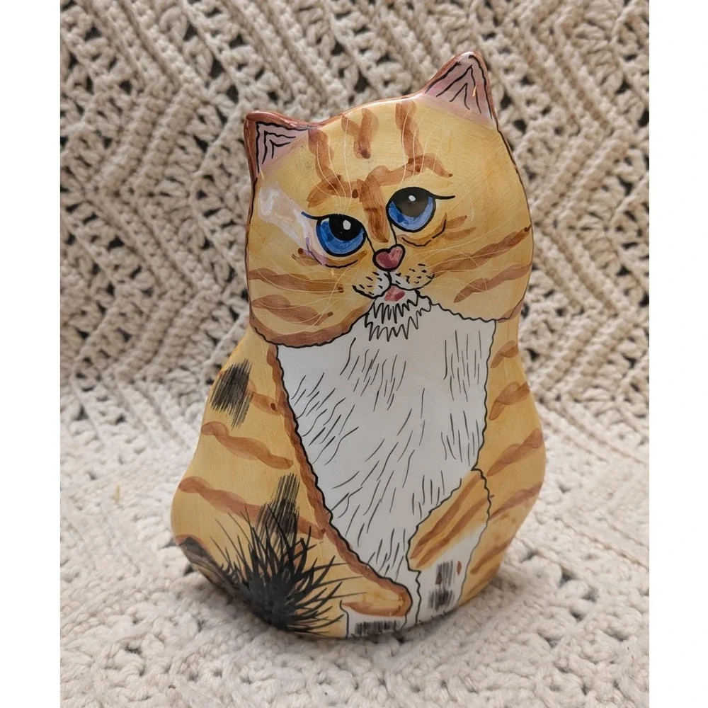 Vintage Hand Painted Ceramic Ginger Tabby Cat Bud Vase Figurine Orange Blue Eyes